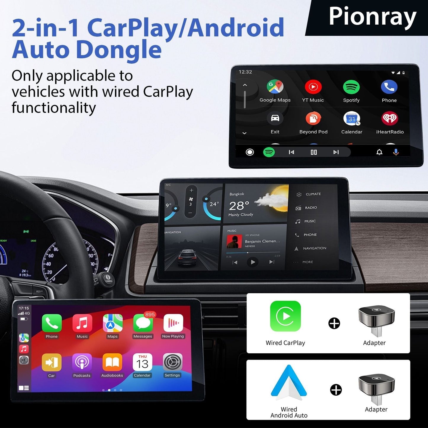 Pionray 2-in-1 Wireless CarPlay & Android Auto Adapter | For 99% of Cars