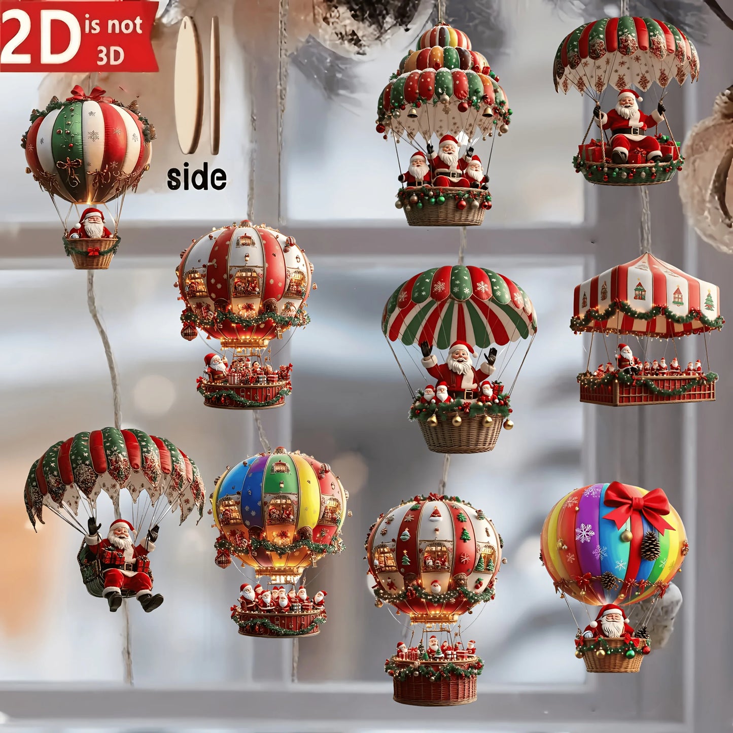 10Pcs Christmas Wooden Hot Air Balloon Santa Claus Holiday Decor