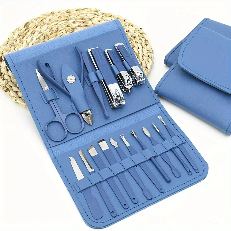 16pcs Professional Nail Clippers Set Stainless Steel - Manicure Pedicure Kit with Travel Case