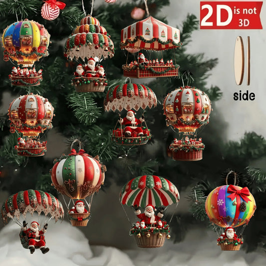 10Pcs Christmas Wooden Hot Air Balloon Santa Claus Holiday Decor