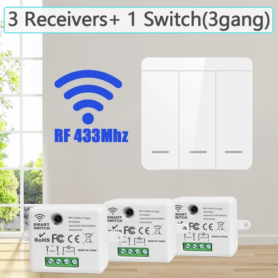 TNCE RF433MHz Mini Wireless Remote Control Light Switch 1/2/3 Gang 86 Wall Transmitter Switch Button Wall Panel Switch