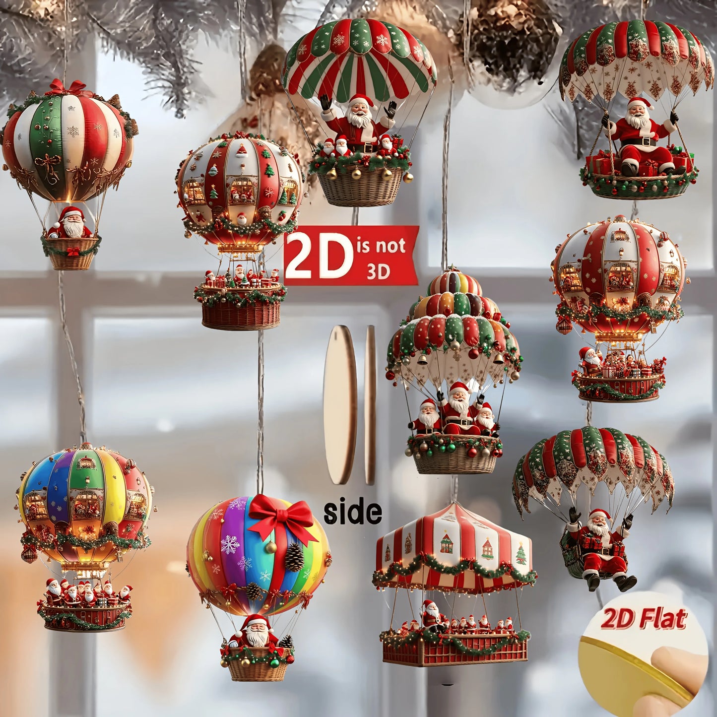 10Pcs Christmas Wooden Hot Air Balloon Santa Claus Holiday Decor