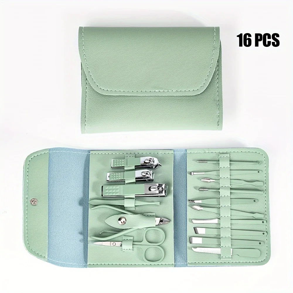 16pcs Professional Nail Clippers Set Stainless Steel - Manicure Pedicure Kit with Travel Case