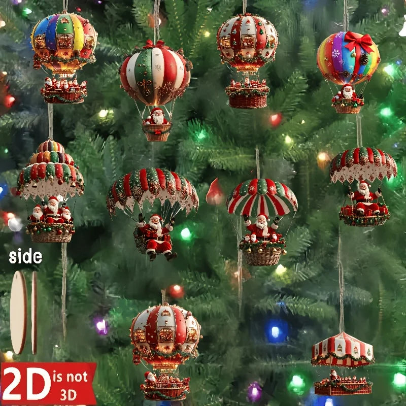 10Pcs Christmas Wooden Hot Air Balloon Santa Claus Holiday Decor