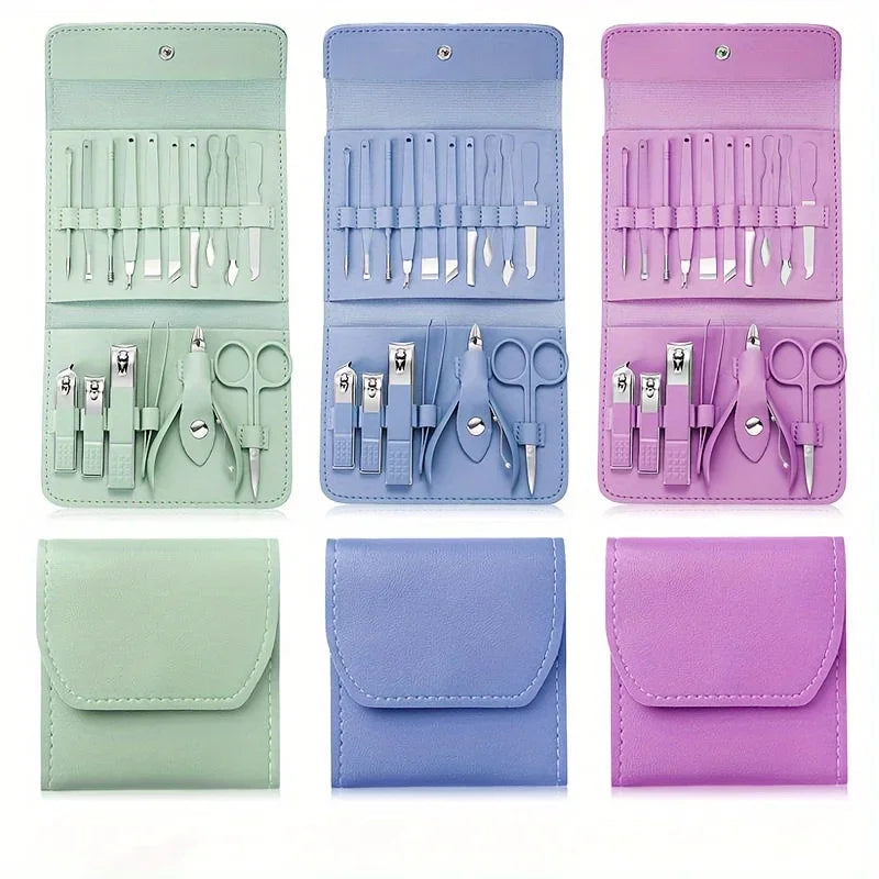 16pcs Professional Nail Clippers Set Stainless Steel - Manicure Pedicure Kit with Travel Case