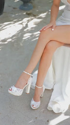 White Floral Lace Wedding Shoes - Platform Block Heel Open Toe Bridal Shoes