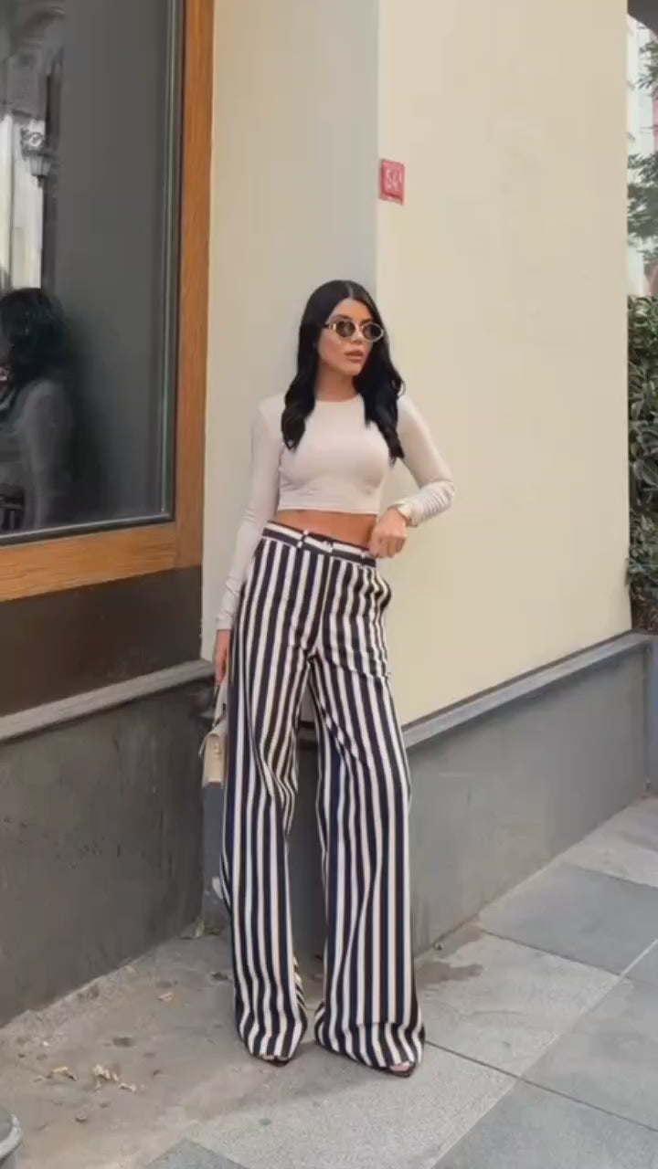 Daven Striped Wide-Leg Trousers – Brown