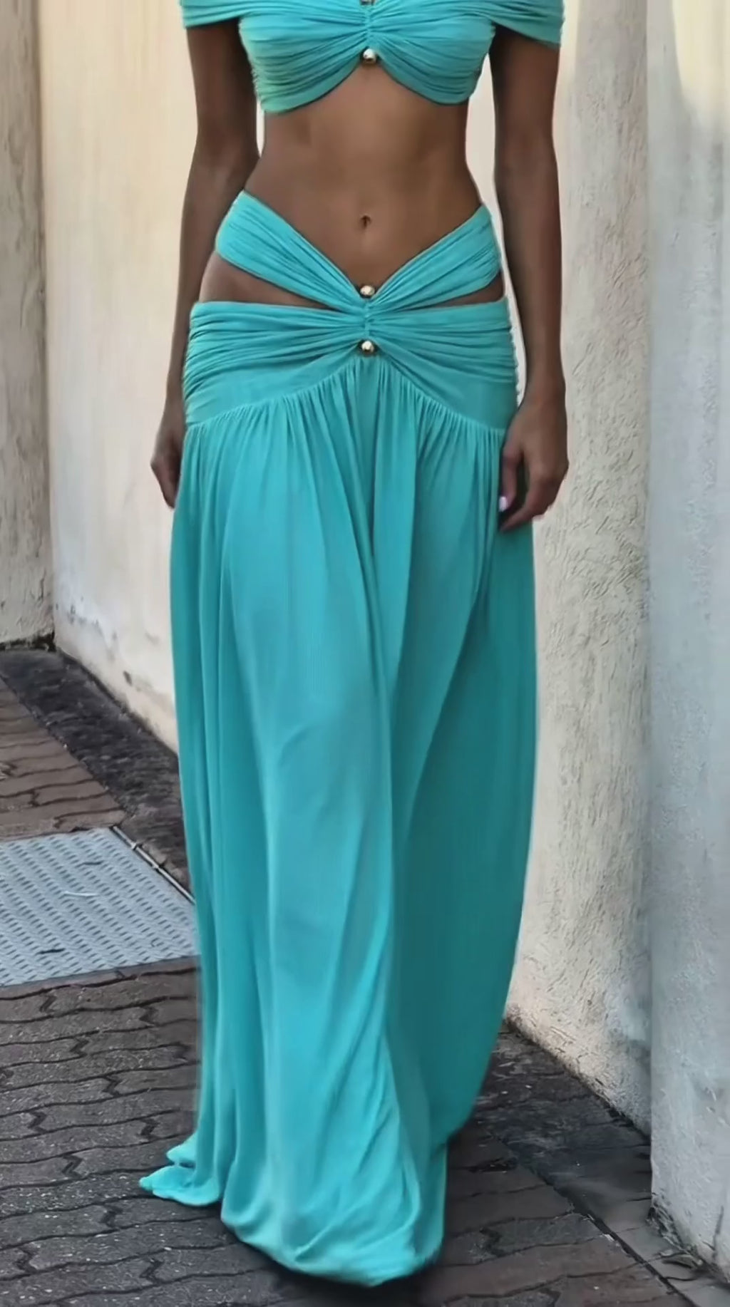 Aveline Azure Draped Tulle Maxi Dress – Aqua Blue