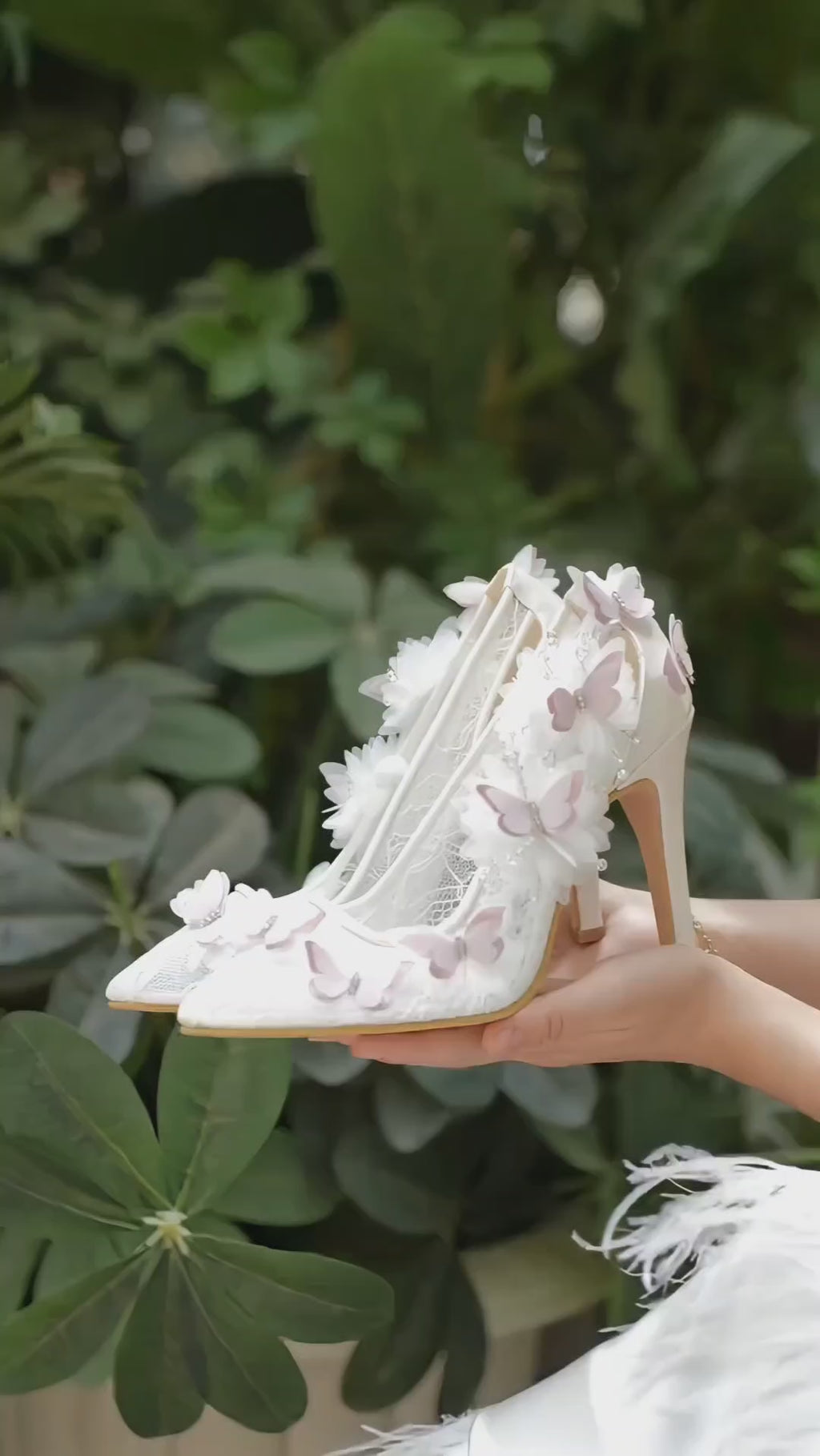 Pink Butterfly White Lace Bridal Stilettos