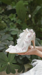 Pink Butterfly White Lace Bridal Stilettos
