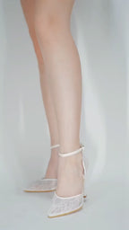 White Lace Overlay Pointed Toe Block Heel Wedding Shoe