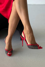 Valentina Crystal Mesh Slingback Stiletto Heels – Red Satin