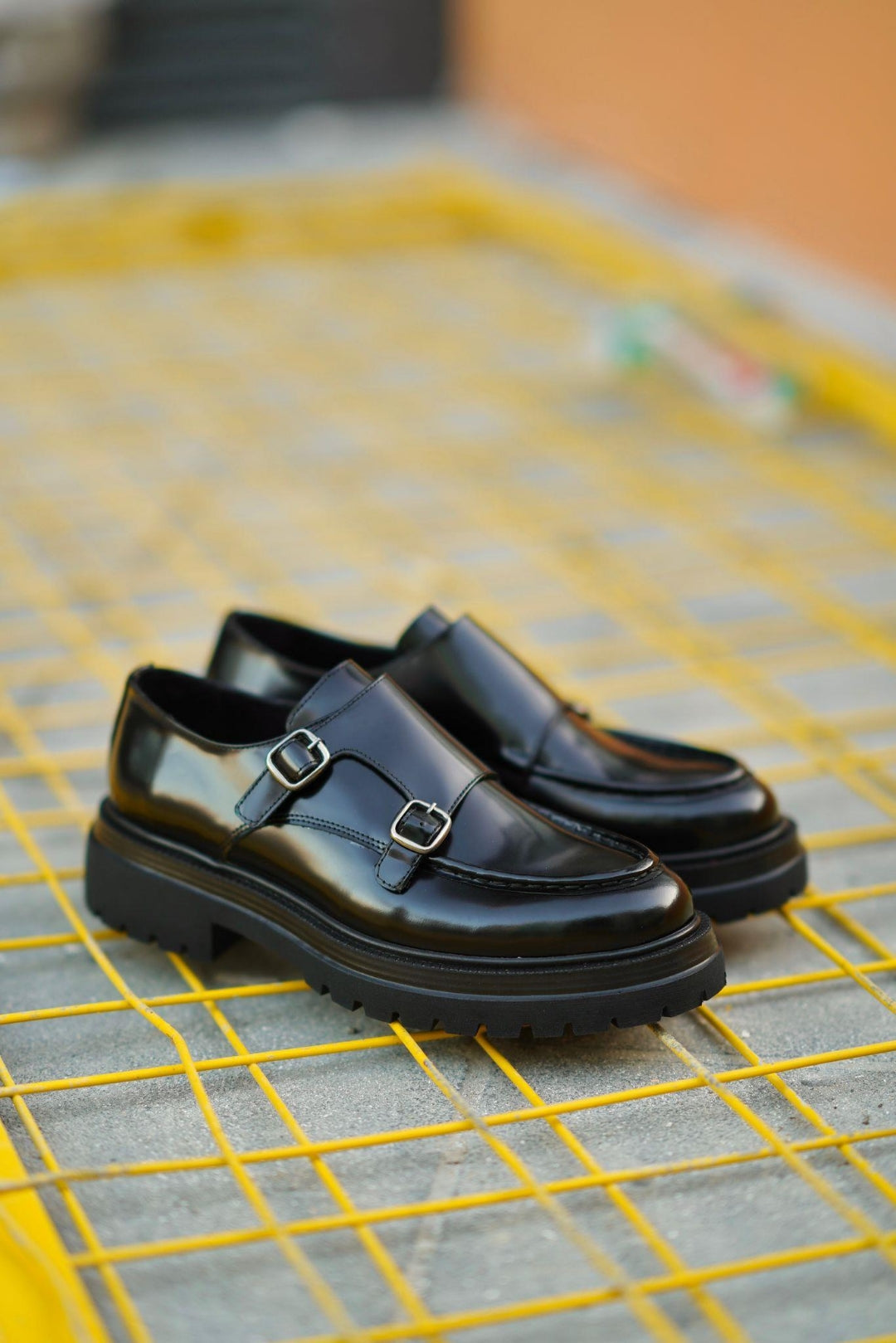Siyah Açma Deri Double Monk Strap