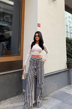 Daven Striped Wide-Leg Trousers – Brown