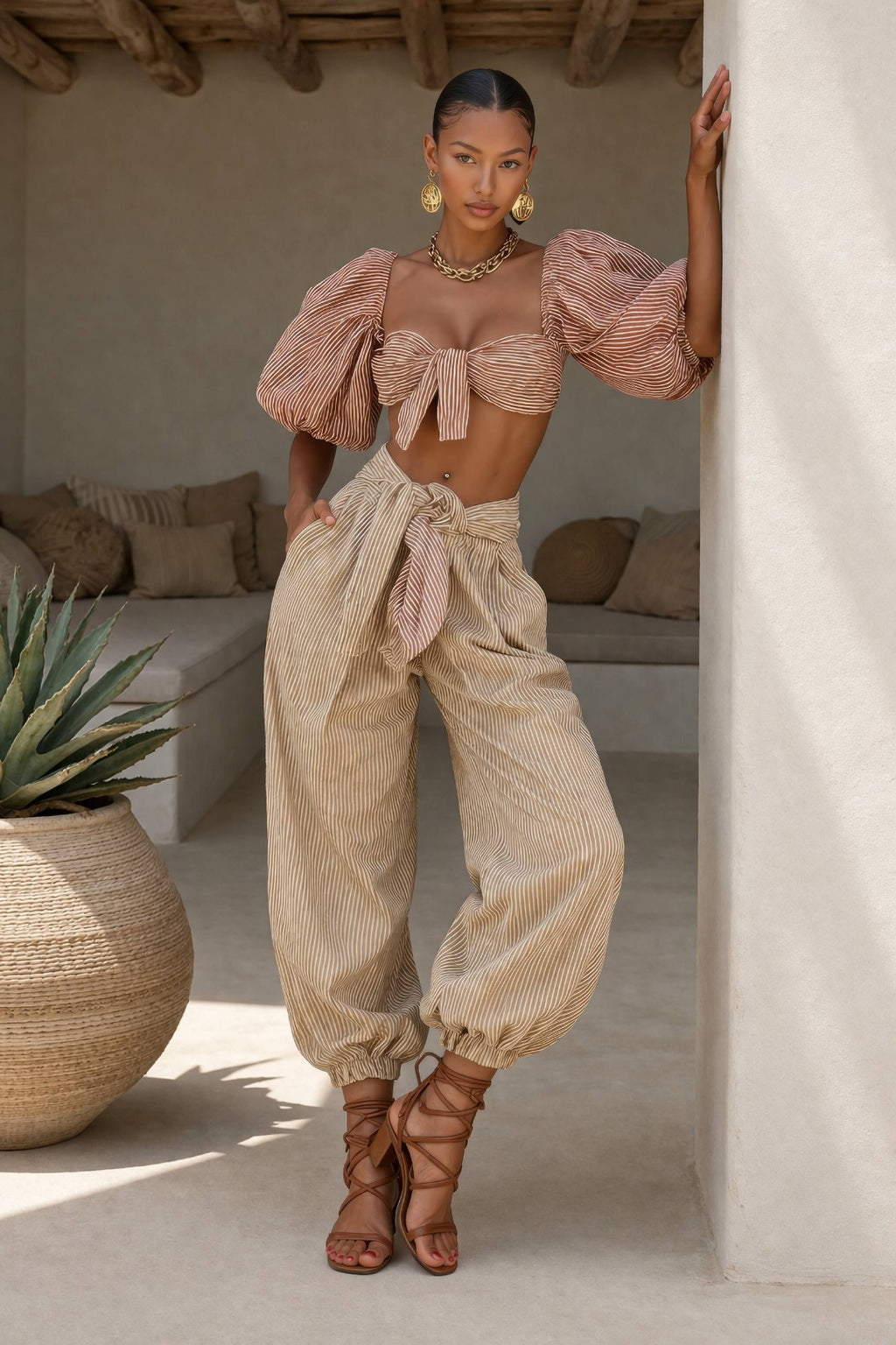 Marielle Soleil Striped Textured Two-Piece Set – Blush Beige