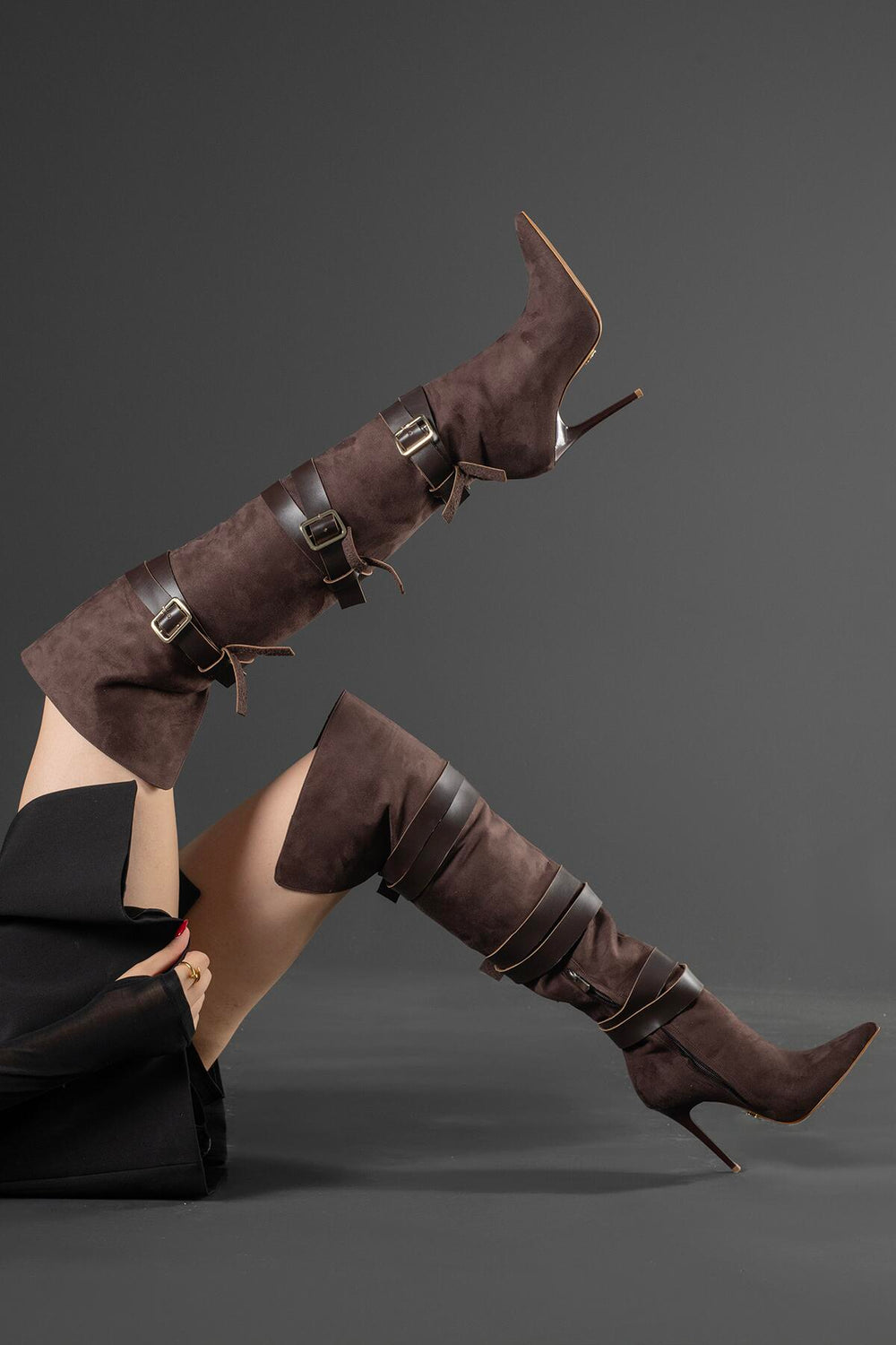 Ravelle Buckle Over-the-Knee Stiletto Boots – Tan Suede