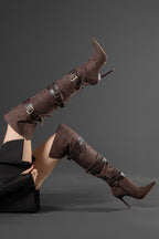 Ravelle Buckle Over-the-Knee Stiletto Boots – Tan Suede