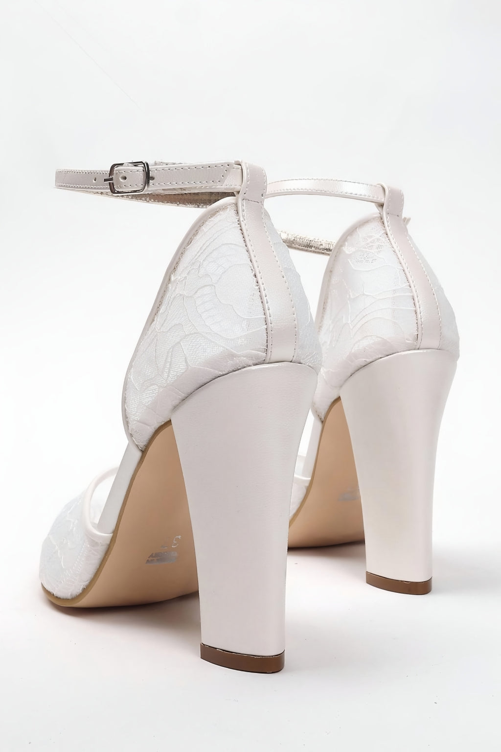 White Lace Overlay Pointed Toe Block Heel Wedding Shoe