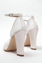 White Lace Overlay Pointed Toe Block Heel Wedding Shoe
