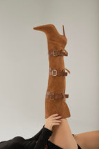 Ravelle Buckle Over-the-Knee Stiletto Boots – Tan Suede