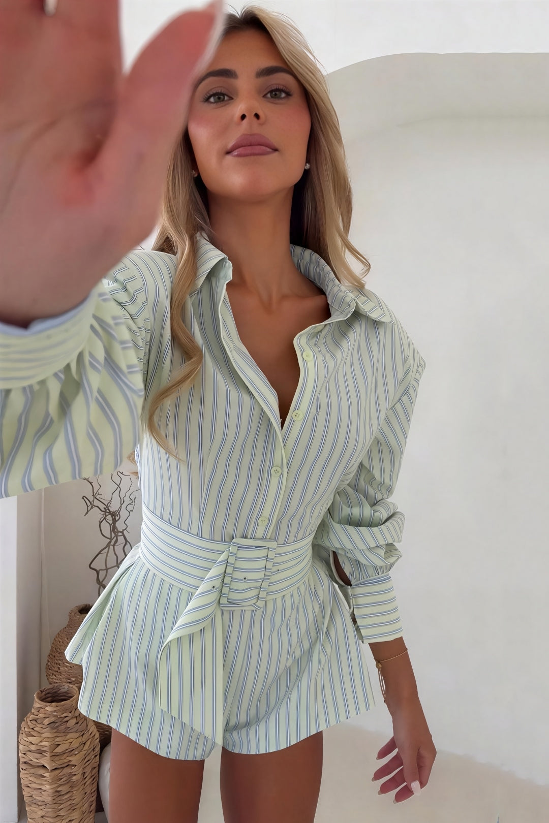 Seravelle Striped Belted Shirt & Shorts Set – Green