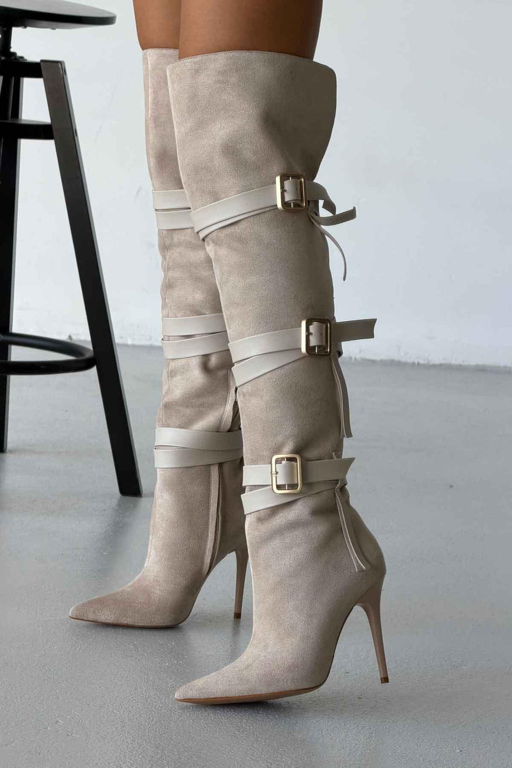 Ravelle Buckle Over-the-Knee Stiletto Boots – Tan Suede