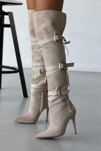 Ravelle Buckle Over-the-Knee Stiletto Boots – Tan Suede