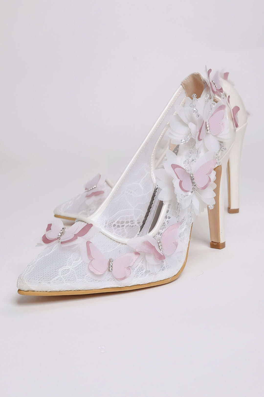 Pembe Kelebekli Beyaz Dantel Gelin Stiletto
