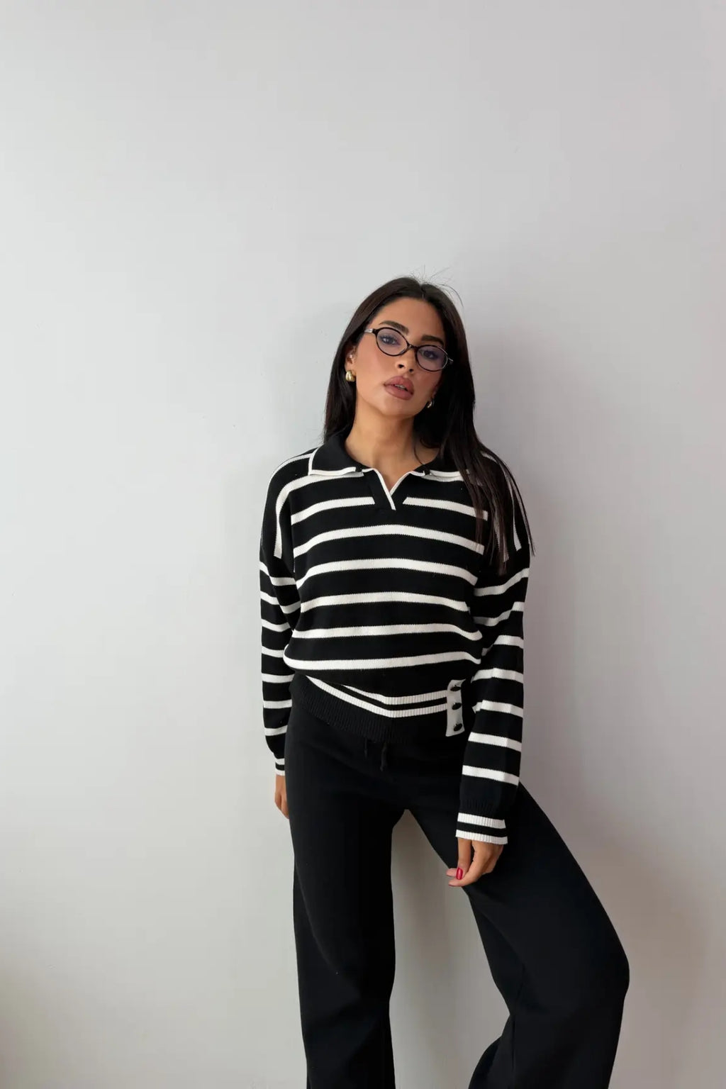 Blythe Striped Polo Knit Two-Piece Set – Cream&Brown
