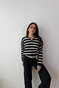 Blythe Striped Polo Knit Two-Piece Set – Black&Cream
