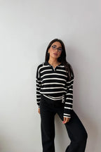 Blythe Striped Polo Knit Two-Piece Set – Cream&Brown