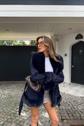 Maelis Faux Fur Trim Belted Coat – Navy