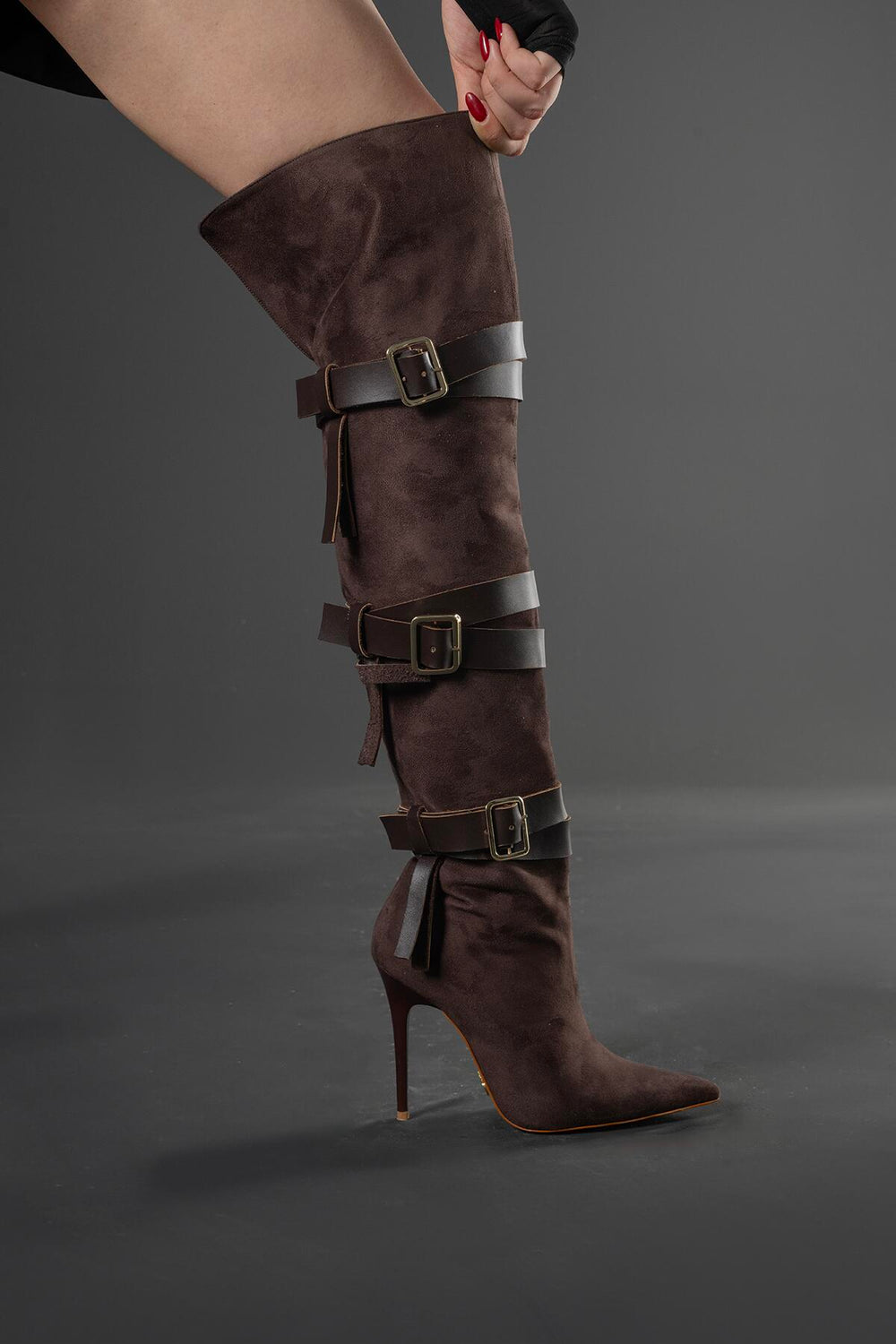 Ravelle Buckle Over-the-Knee Stiletto Boots – Tan Suede