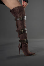 Ravelle Buckle Over-the-Knee Stiletto Boots – Tan Suede