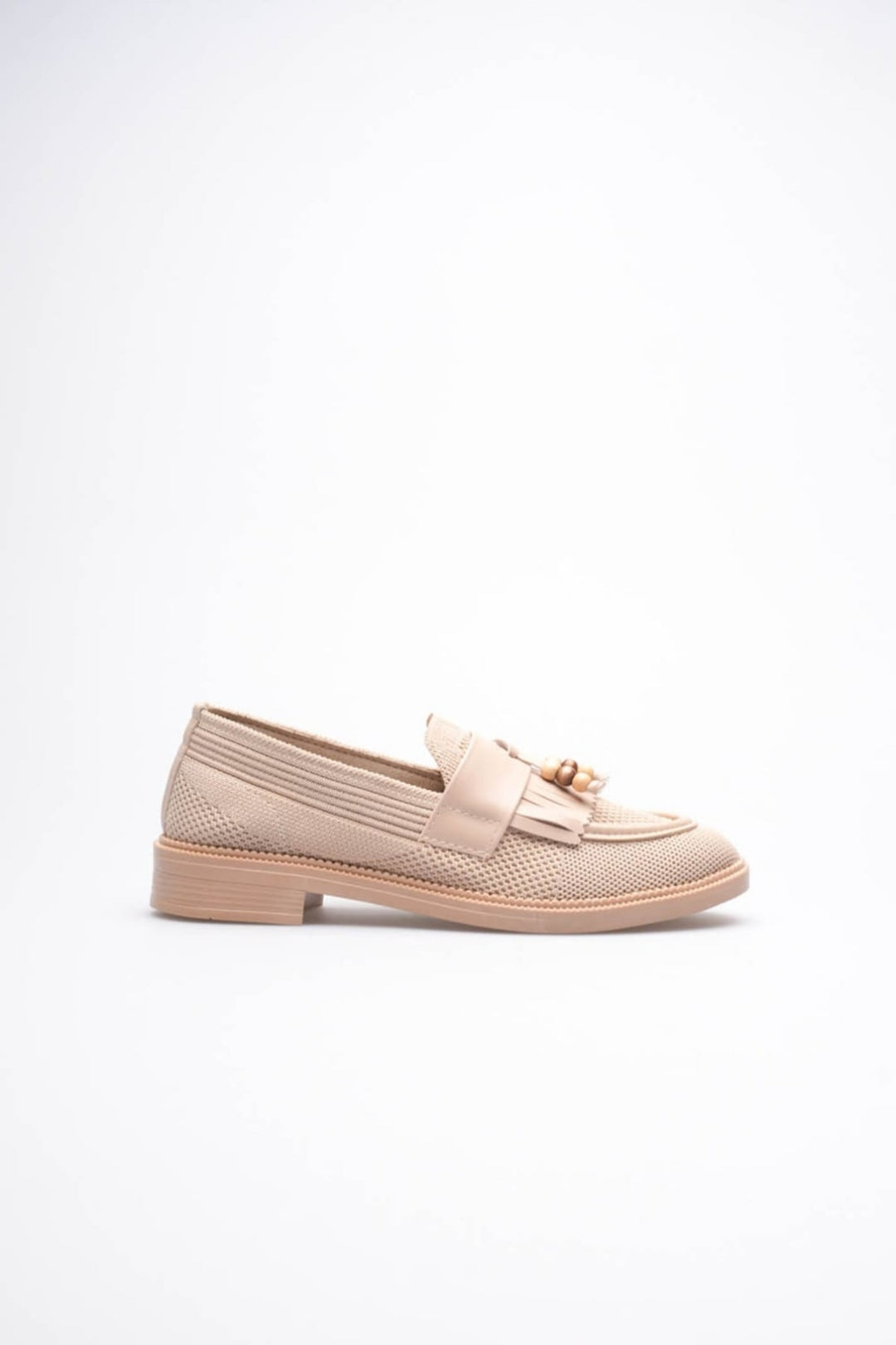Boncuk Püskül Detaylı Triko Günlük Kadın Ayakkabı – Kaymaz Taban, Hafif ve Rahat – Bej