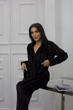 Estelle Striped Velvet Pajama Set — Red