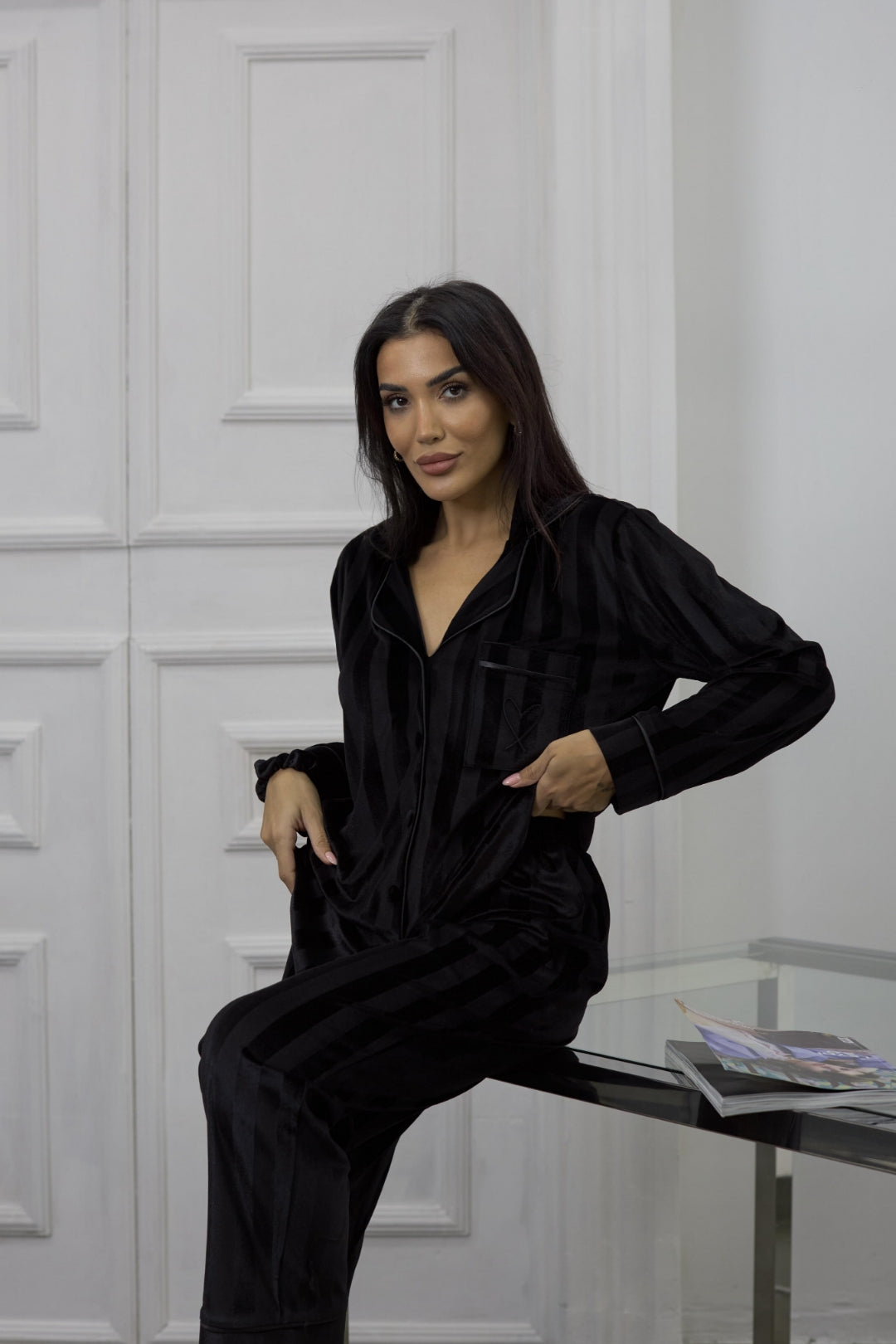 Estelle Striped Velvet Pajama Set — Red