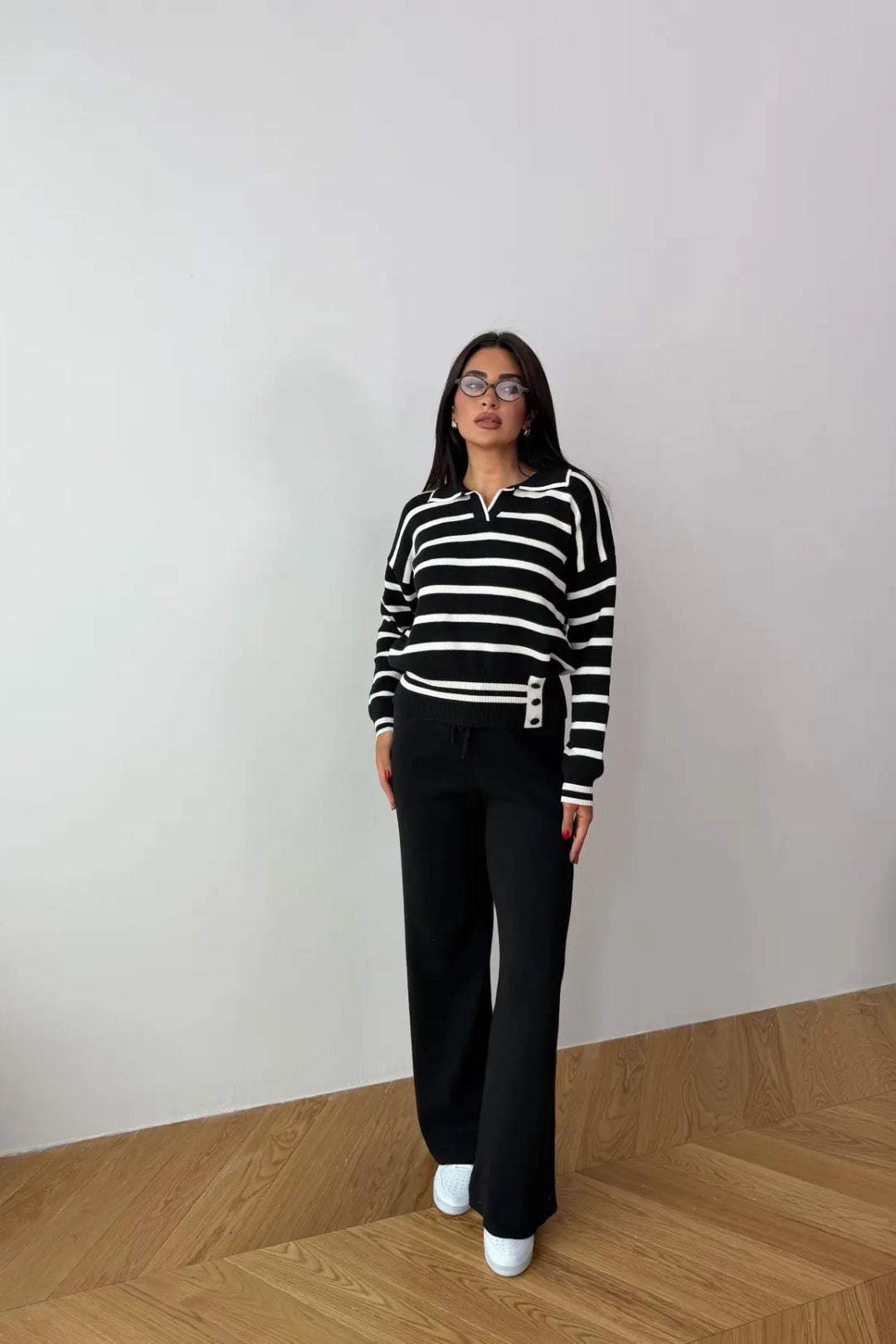 Blythe Striped Polo Knit Two-Piece Set – Cream&Brown