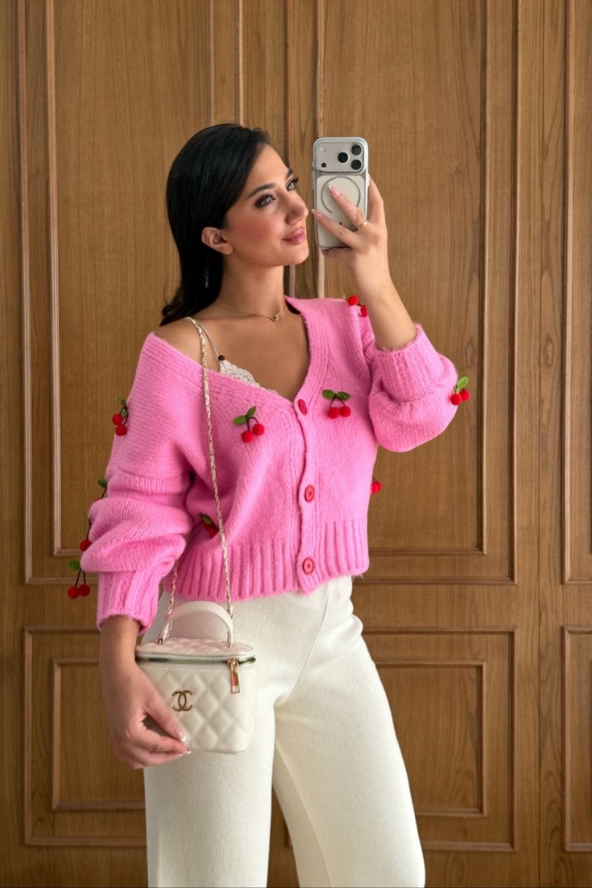 Cherrique Cherry Appliqué Button-Up Cardigan