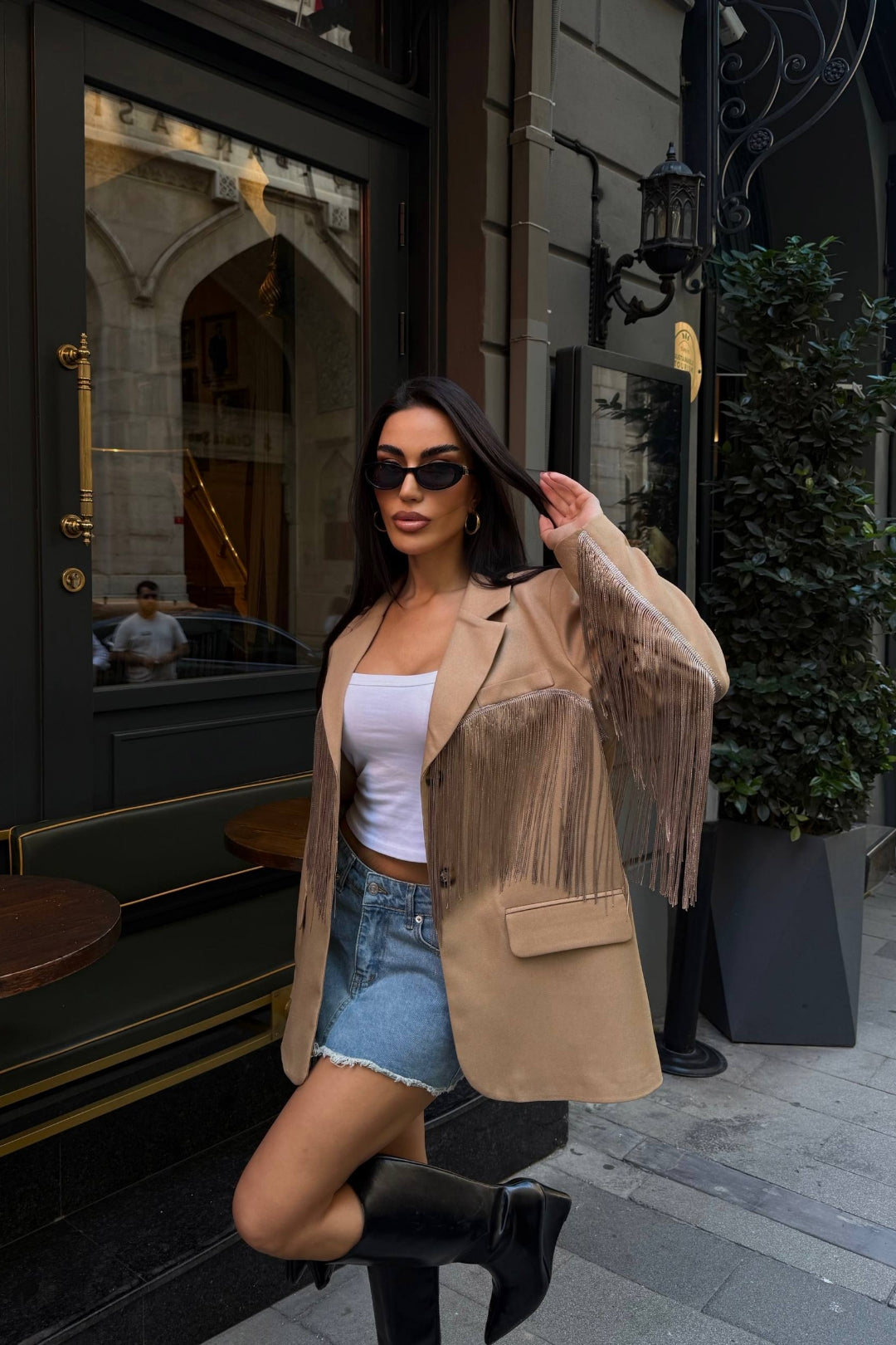 Püskül Detaylı Yün Görünümlü Blazer Ceket – Deve Tüyü