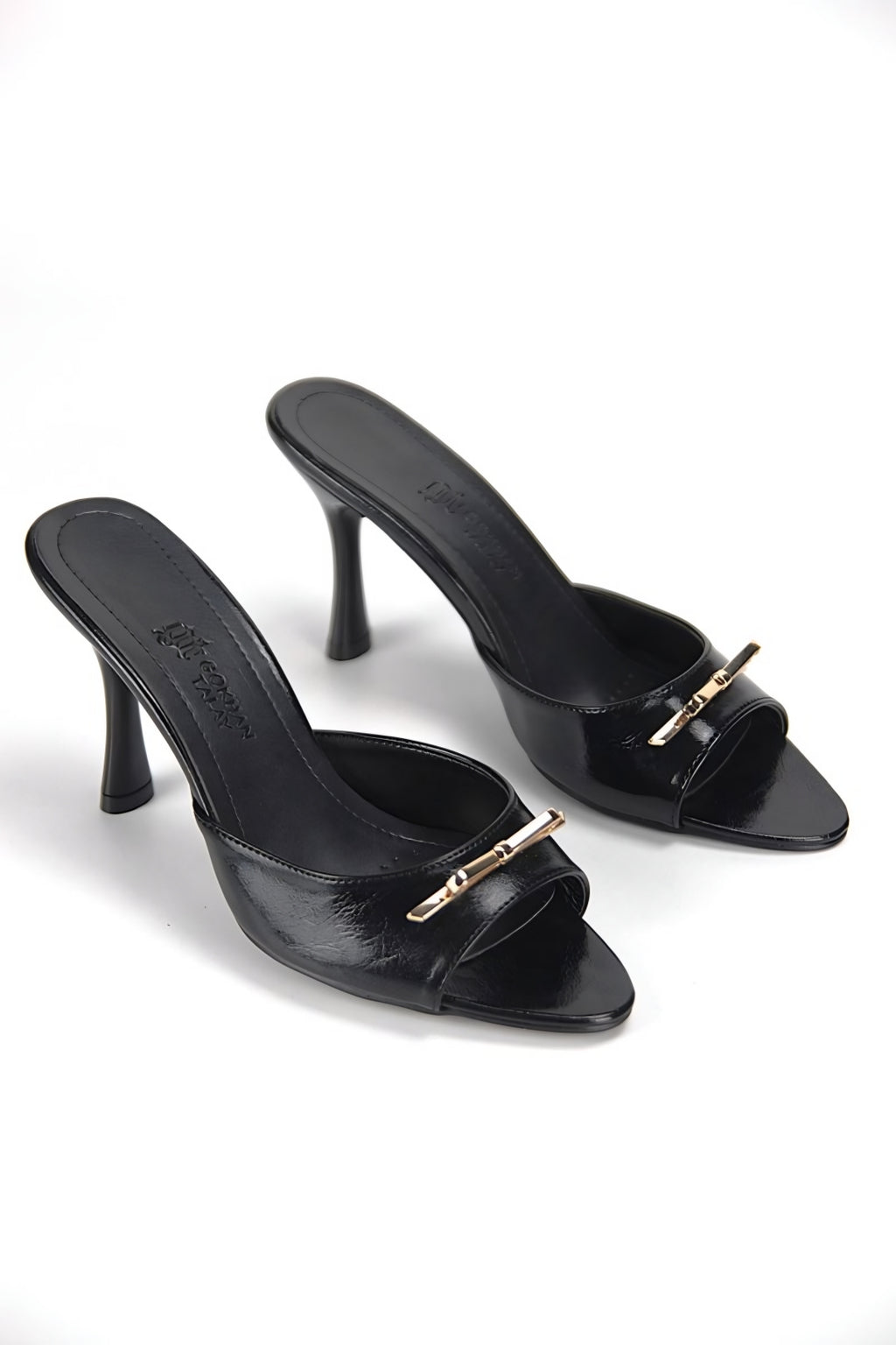 Mirelya Black Patent Leather Women's Heeled Slippers with Metal Bow Detail - 8 CM Slim Heel Comfort