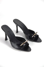Mirelya Black Patent Leather Women's Heeled Slippers with Metal Bow Detail - 8 CM Slim Heel Comfort