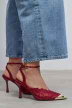 Celestia Royale Lace Couture Ankle Strap Heels – Burgundy