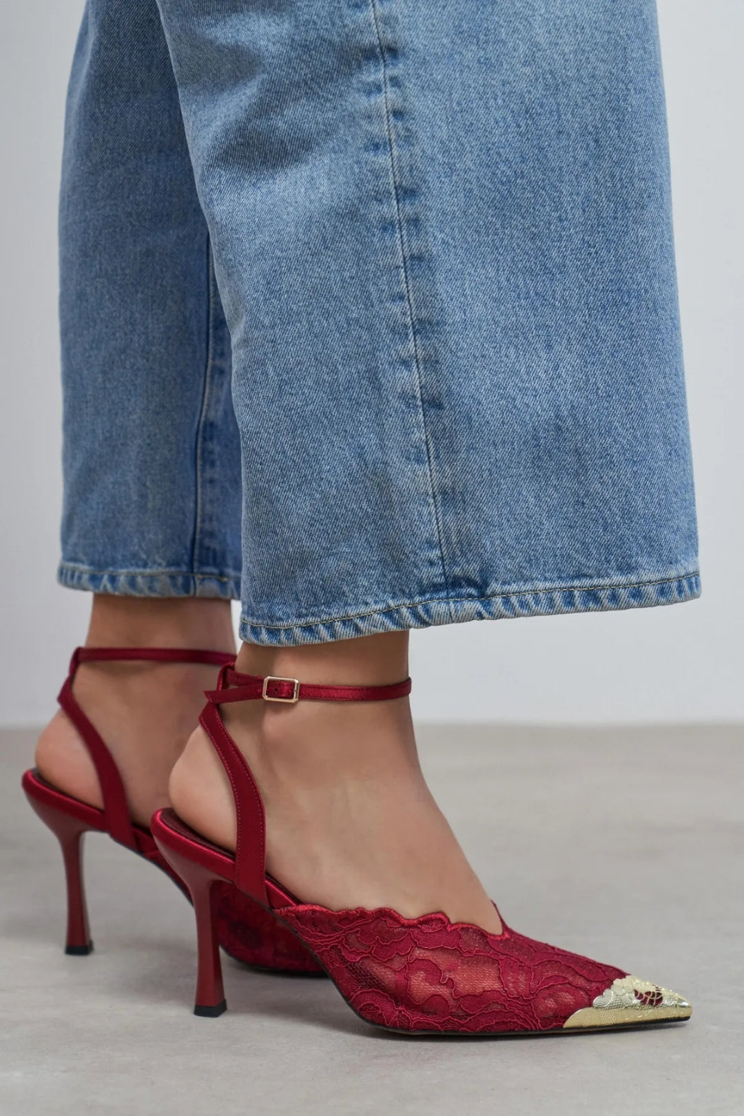 Celestia Royale Lace Couture Ankle Strap Heels – Burgundy