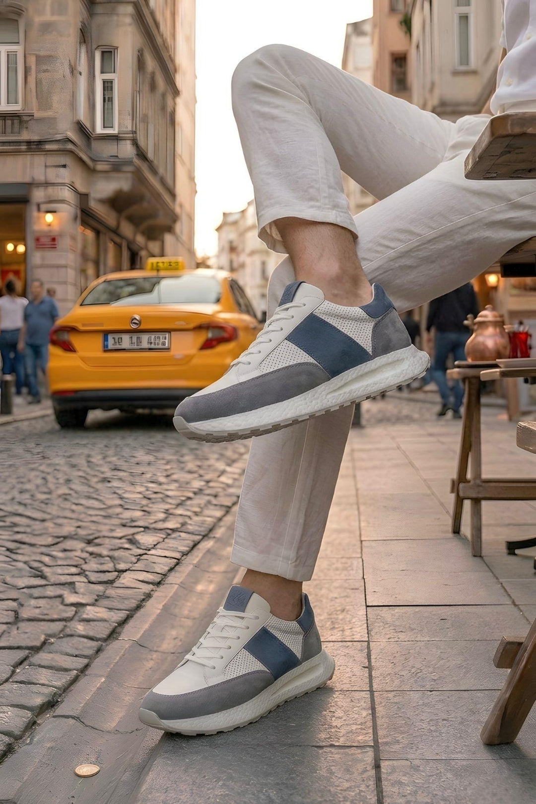 Beyaz-Gri-Lacivert Hakiki Deri Köpüklü Eva Tabanlı Sneaker