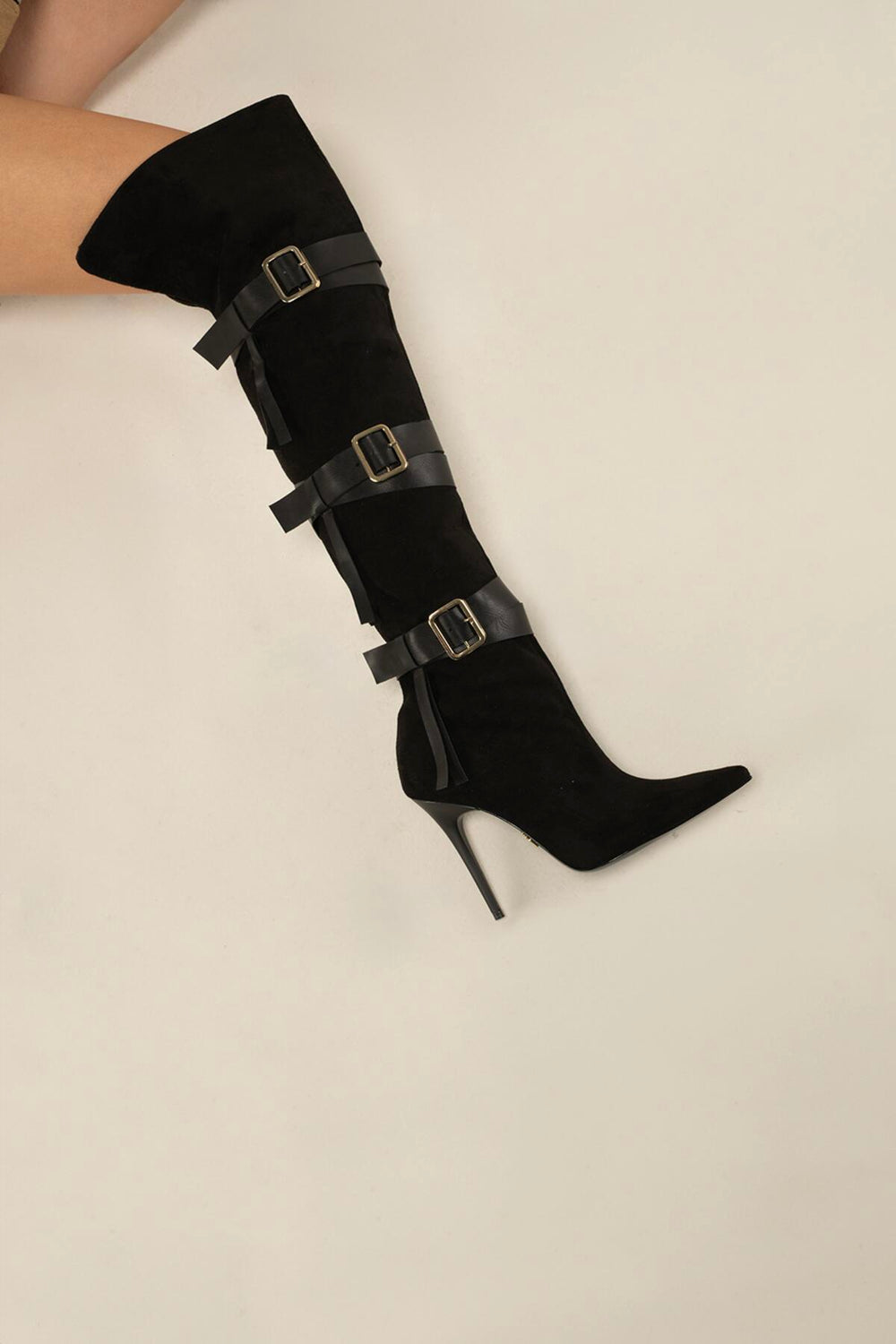 Ravelle Buckle Over-the-Knee Stiletto Boots – Tan Suede