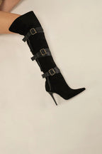 Ravelle Buckle Over-the-Knee Stiletto Boots – Tan Suede