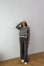 Blythe Striped Polo Knit Two-Piece Set – Cream&Brown