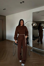 Cavielle Contrast-Tie Hoodie & Wide-Leg Tracksuit Set – Smoke Gray