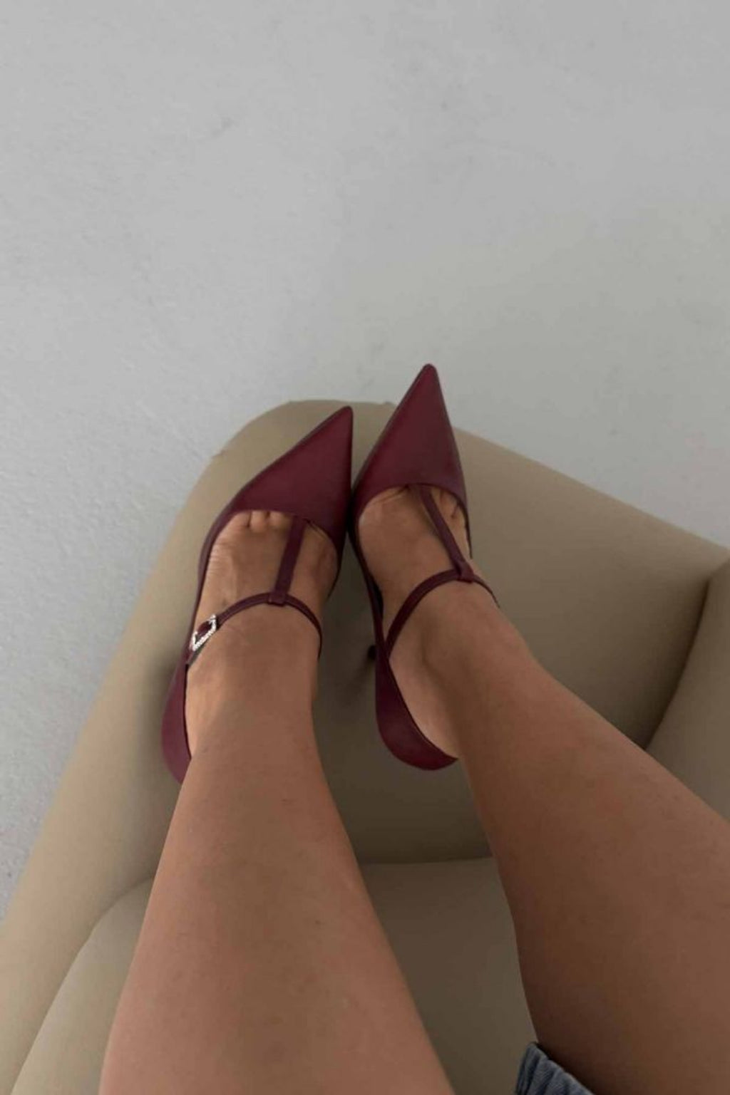 Vanessa Burgundy T-Strap Crystal Buckle Stiletto Pumps – 12 CM Heel